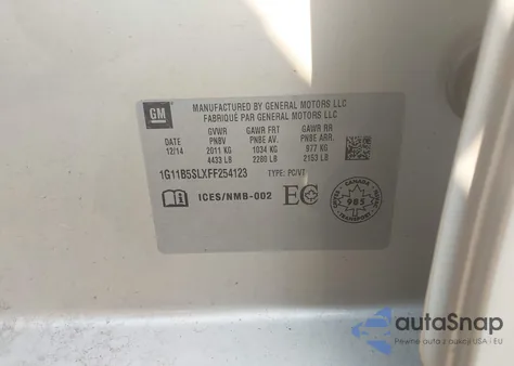 2015 Chevrolet Malibu Ls из США, поврежденный, VIN 1G11B5SLXFF254123